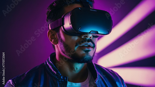 Portrait of a Latin man with virtual reality glasses in a neon lights environment © israel