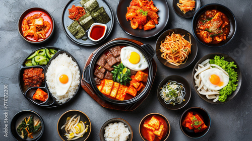 Assortment of Korean traditional dishes. Asian food. Top view. Generative Ai