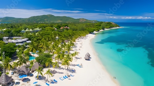 Aerial panoramic view of beautiful tropical beach with turquoise water.