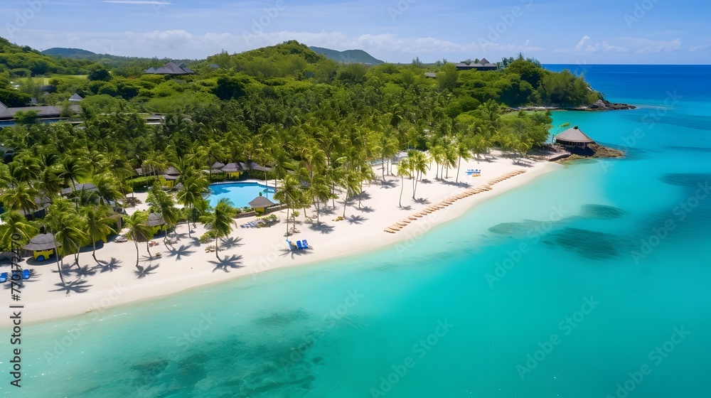Aerial view of beautiful tropical island with white sand beach and turquoise sea