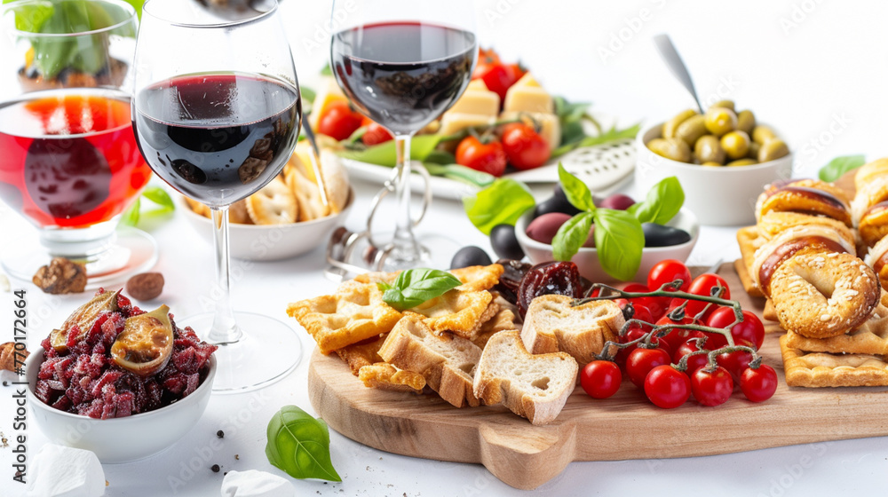 Appetizers table with italian antipasti snacks and wine glasses on white background. Generative Ai