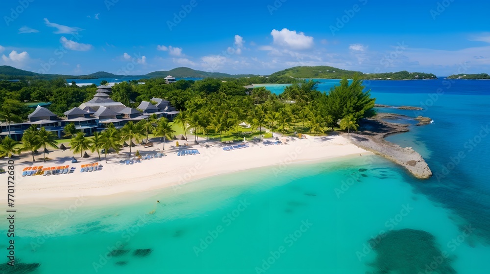Aerial view of beautiful tropical beach with white sand, turquoise ocean water and blue sky.