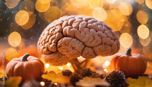 Autumnal Concept of Human Brain with Pumpkins and Fairy Lights