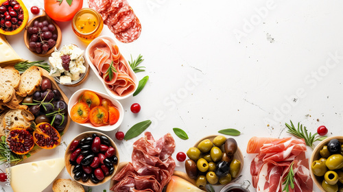 Appetizers table with differents antipasti, charcuterie, snacks and cheese. Generative Ai