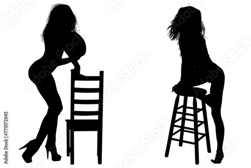 mujeres, ilustracion, vector, silueta, modelos, fashion, modelos, moda, pose, sexy, sensual, banco, silla photo