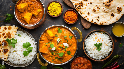 Assorted indian food for lunch or dinner, rice, lentils. Generative Ai