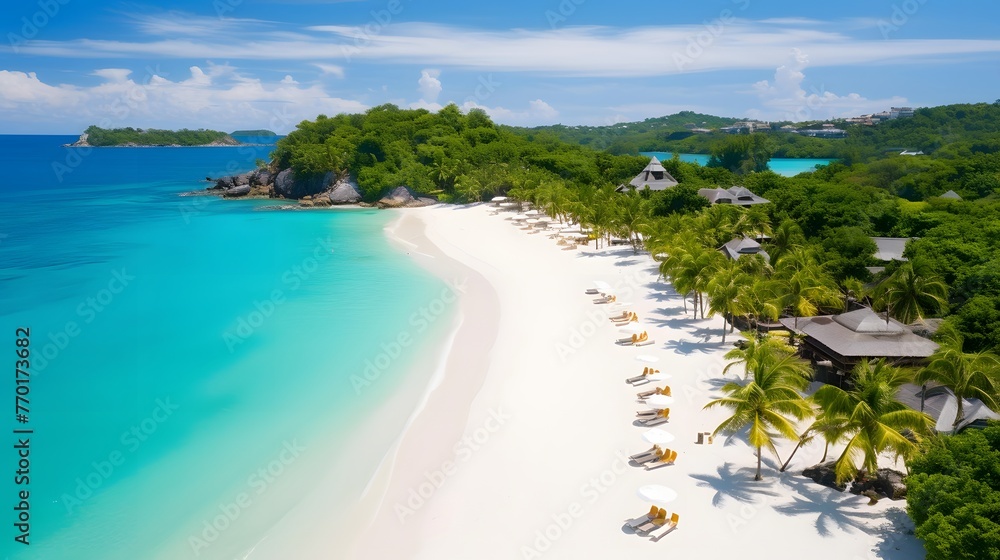 Beautiful panoramic aerial view of tropical island with white sand beach and turquoise sea