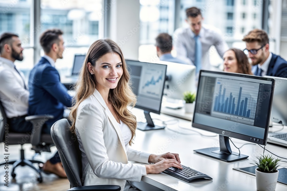 Young beautiful business woman working at the computer with colleagues in a spacious office. Data analysis, statistics, finance. Training, business team, programming, development. Young beautiful business woman working at the computer with colleagues in a spacious office. Data analysis, statistics, finance. Training, business team, programming, development.