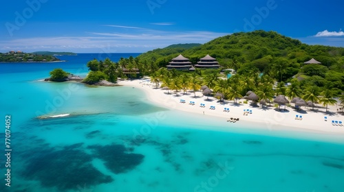 Aerial view of beautiful tropical island with white sand, turquoise ocean and blue sky © Iman