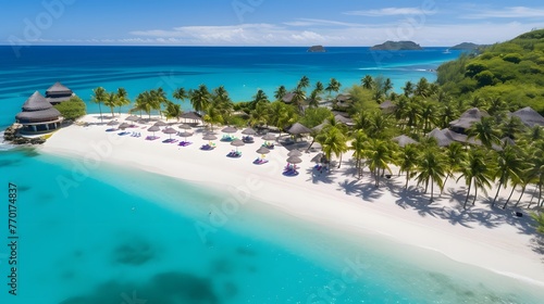 Aerial view of white sand beach on tropical island with palm trees and turquoise water