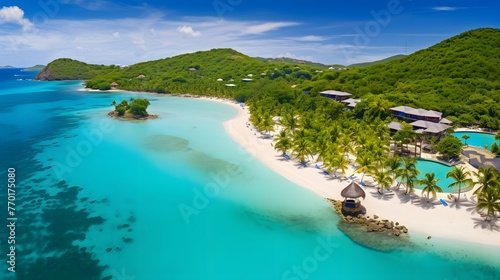 Aerial panoramic view of tropical beach with white sand, turquoise ocean and blue sky. © Iman