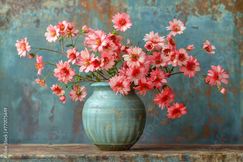 Vibrant Pink Blossoms in a Rustic Turquoise Ceramic Vase on a Worn Blue Background Adding Charm to Decor