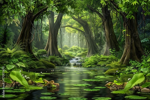 Enchanted Forest Scenery with Lush Green Trees and Peaceful Stream in Mystical Woodland