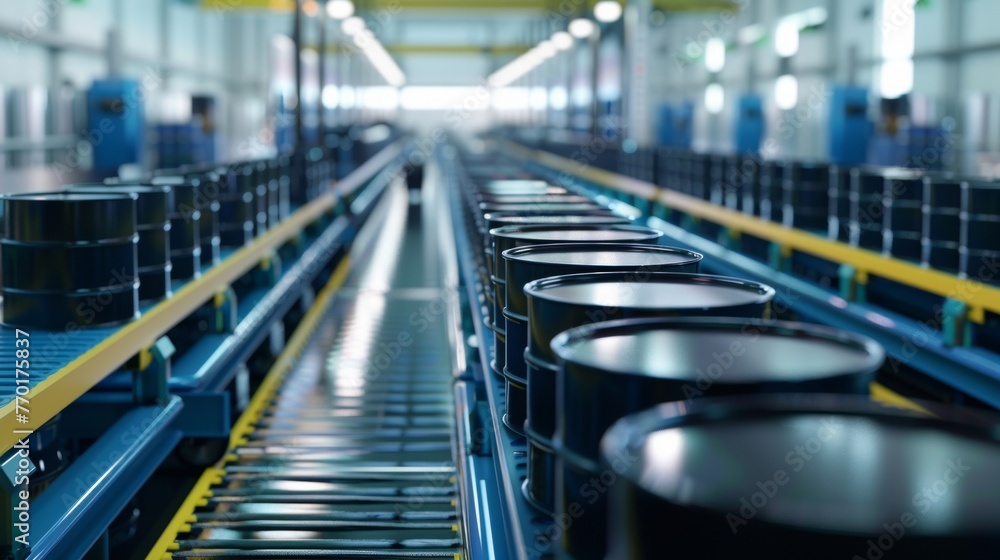 Large barrels of chemical solvent lined up in an assembly line used for the cleaning process in the production of solar panels. . . - obrazy, fototapety, plakaty 