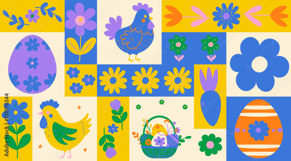 Happy Easter. Patterns. Modern naive geometric abstract style. Easter eggs, rabbit. Perfect for a poster, cover, or postcard. Happy Easter. Patterns. Modern naive geometric abstract style. Easter eggs, rabbit. Perfect for a poster, cover, or postcard.
