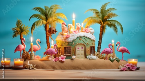 Tropical paradise island cake with edible pineapples, flamingos, and candles shaped like coconut drinks, set against a backdrop of palm trees and turquoise waters. photo