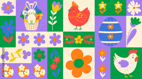 Happy Easter. Patterns. Modern naive geometric abstract style. Easter eggs, rabbit. Perfect for a poster, cover, or postcard.