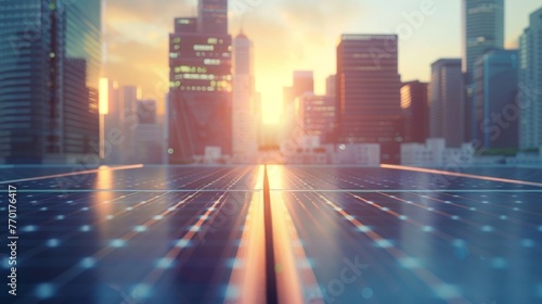 A rooftop view of a smart city with the sun shining down on the solar panels and generating clean renewable energy for the buildings . . © Justlight