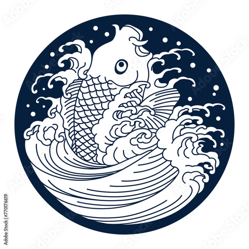 鯉水紋（鯉と波や鯉の滝登りのイメージ）ベクターイラスト
