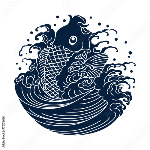 鯉水紋（鯉と波や鯉の滝登りのイメージ）ベクターイラスト photo