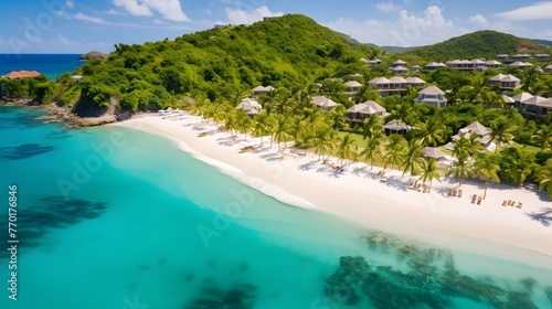 Aerial view of beautiful tropical beach with white sand and turquoise water