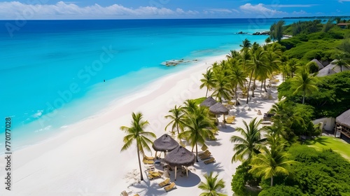 Panoramic view of beautiful tropical beach with white sand, turquoise water and palm trees