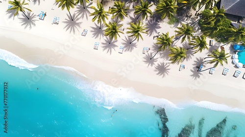 Panoramic aerial view of tropical beach with palm trees and white sand