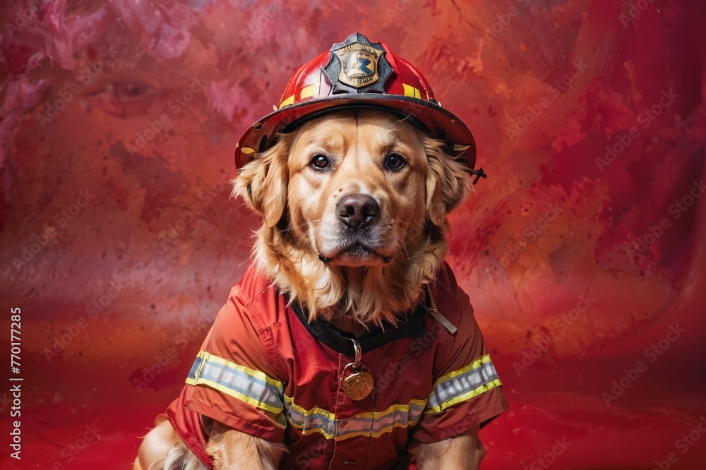 Golden retriever in a firefighter's outfit, posed heroically against a vibrant red studio background Golden retriever in a firefighter's outfit, posed heroically against a vibrant red studio background