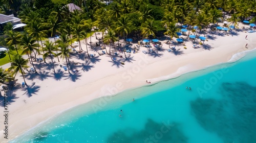 Aerial view of beautiful tropical beach with white sand, turquoise water and palm trees.