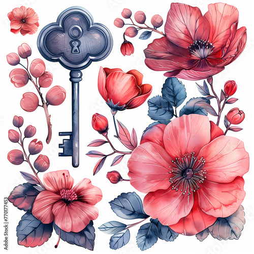 Watercolor key, flowers, romantic illustration, Valentine's Day design elements highlighted on a white background, festive clip art