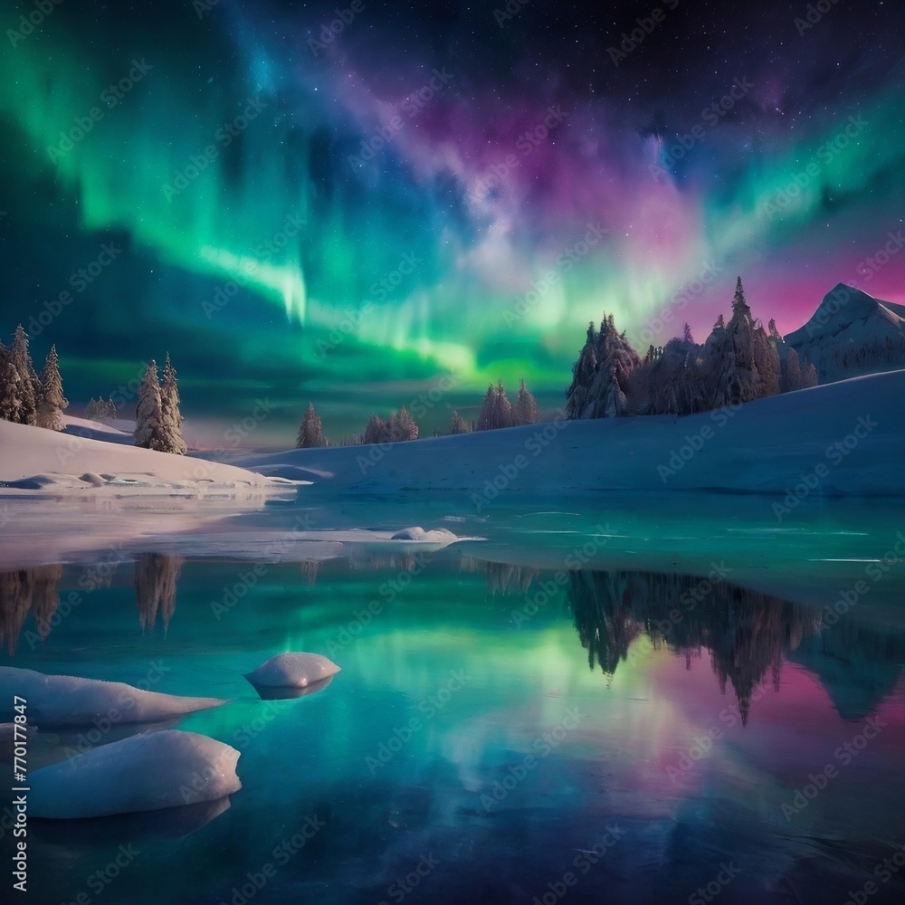 Frozen lake mirrors celestial beauty, Northern Lights dance in kaleidoscope of colors. Surreal cosmic spectacle evokes wonder.