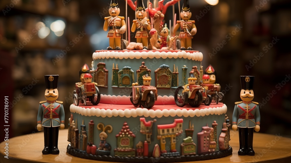 Vintage toy shop cake with edible toys, teddy bears, and candles shaped like toy soldiers.