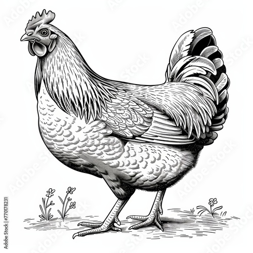 a simple of Araucana Chicken, Farm animal, simple vector svg illustration, hand-drawn black monoline, isolated on with background photo