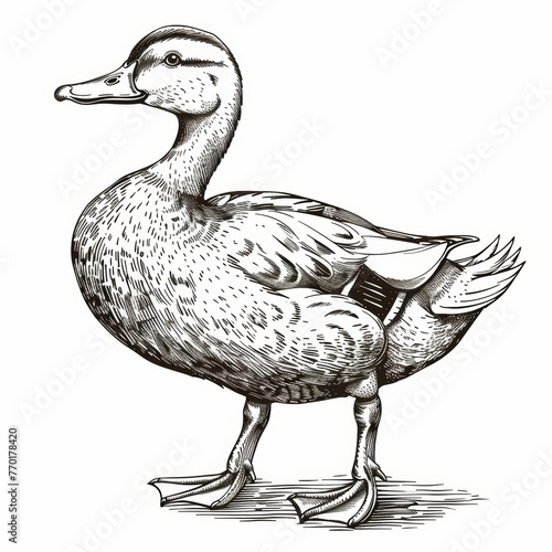 a simple of Khaki Campbell Duck, Farm animal, simple illustration, hand-drawn black monoline, isolated on with background photo