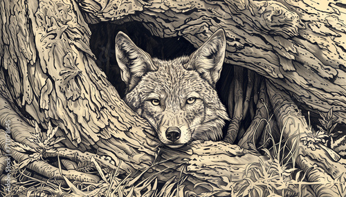 A fox peers out from its den in a detailed black and white illustration, blending into the textures of the forest photo