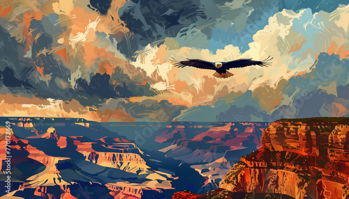 An eagle spreads its wings wide as it soars over a canyon with a backdrop of a dramatic, cloud-filled sunset sky