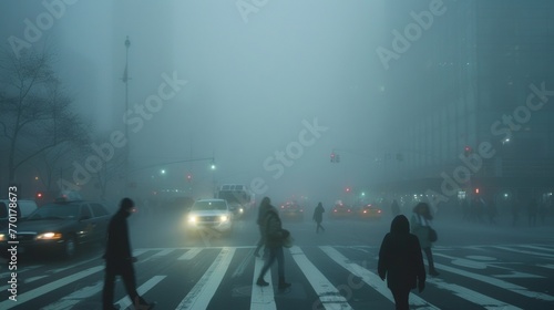 A bustling intersection is shrouded in a blanket of thick fog creating an almost surreal and ethereal scene as pedestrians and cars navigate through the mist their movements © Justlight
