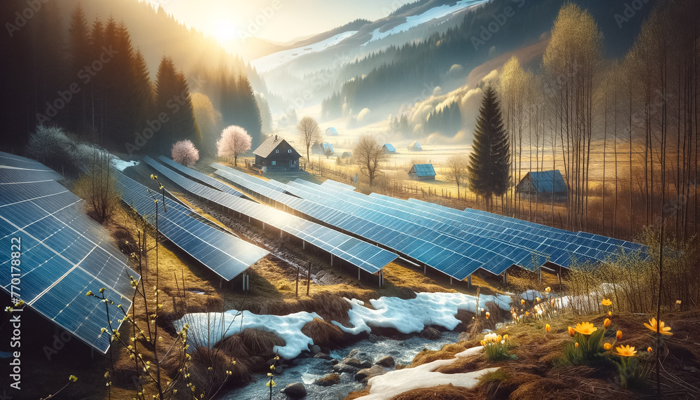 Dawn of Renewal: Solar Power in the Serene Valley - obrazy, fototapety, plakaty 