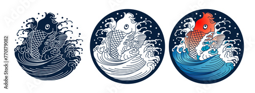 Fish and water splash of waves. Japanese traditional illustration ukiyoe art.