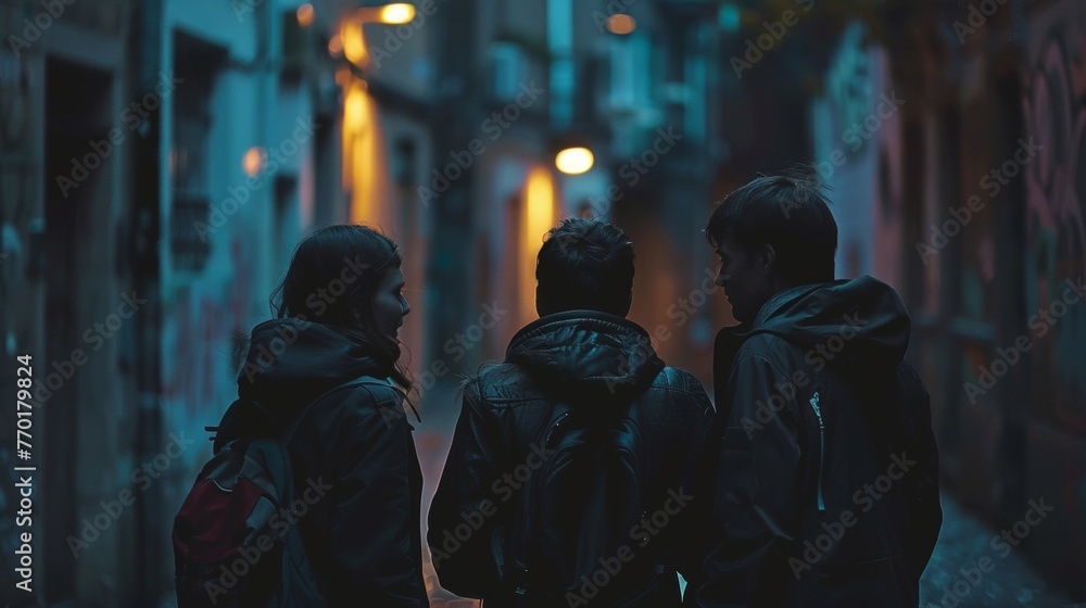 A group of three figures huddle together backs to the camera as they seem to be discussing a plan of action. The dimlylit alley . . A group of three figures huddle together backs to the camera as they seem to be discussing a plan of action. The dimlylit alley . .