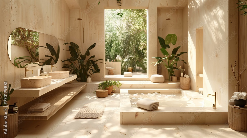 Obraz premium Modern Eco-Friendly Bathroom Interior with Greenery View
