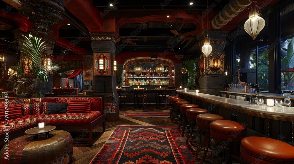 Elegant Ethnic-Themed Restaurant Interior with Bar Counter