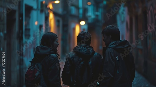 A group of three figures huddle together backs to the camera as they seem to be discussing a plan of action. The dimlylit alley . . © Justlight
