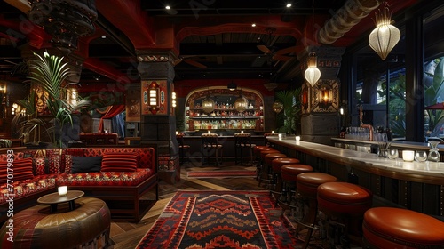 Elegant Ethnic-Themed Restaurant Interior with Bar Counter