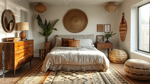 Bohemian Style Bedroom with Natural Light and Woven Decor
