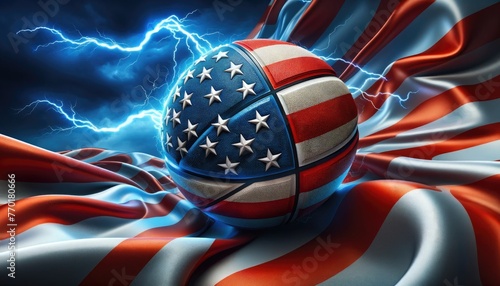 A basketball imprinted with the USA flag amidst lightning, indicating energy and patriotism in sports