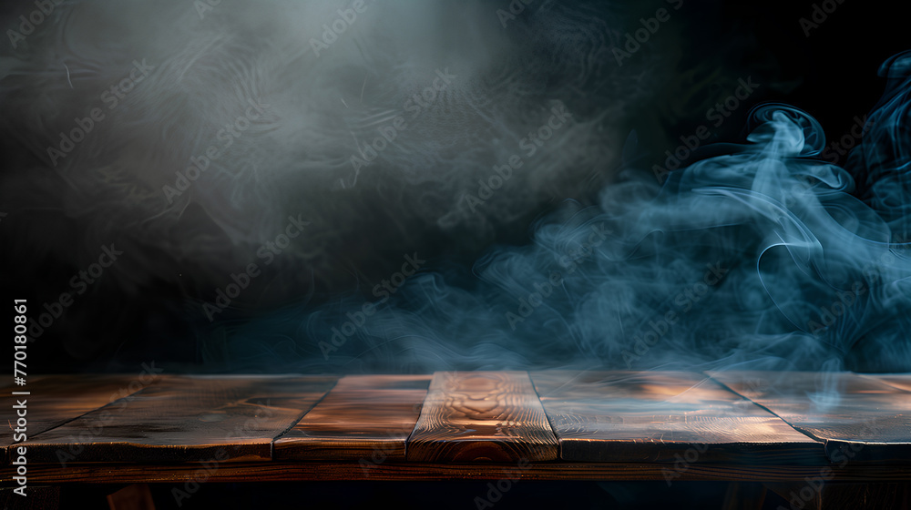 A wooden table with smoke coming out of it. The smoke is thick and dark, creating a mood of mystery and intrigue - obrazy, fototapety, plakaty 