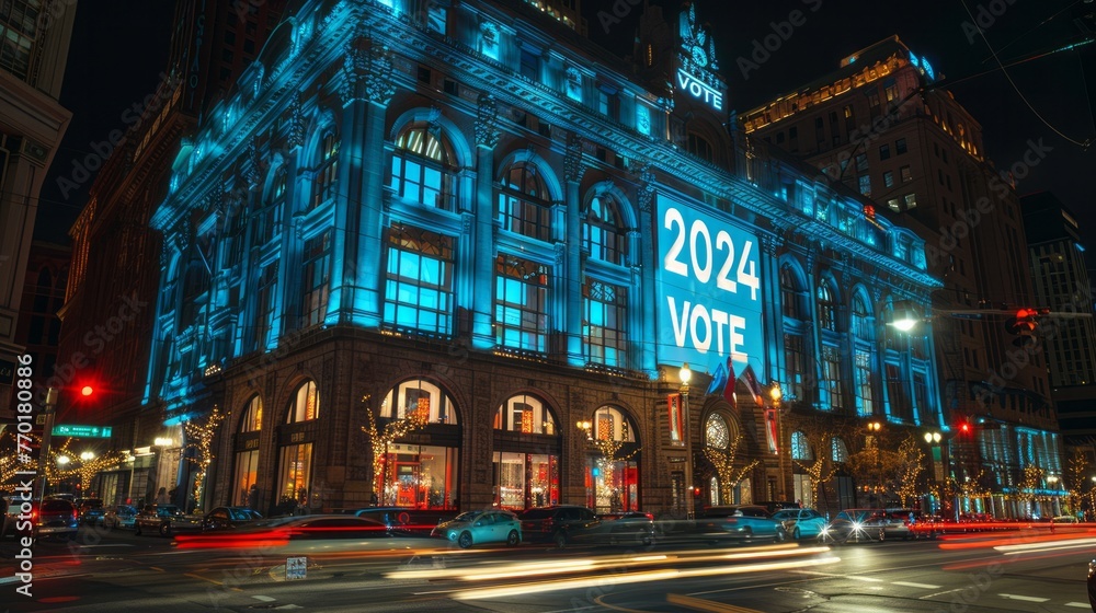 Building facade glowing with 2024 vote in electric blue font at midnight
