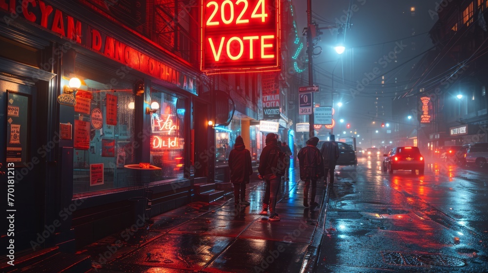 a group of people are walking down a wet city street at night