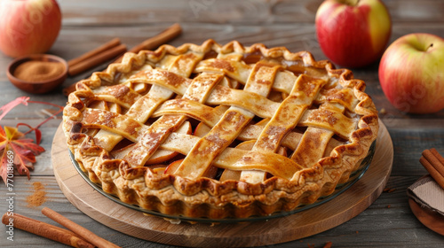 A freshly baked pie rests on a wooden table.